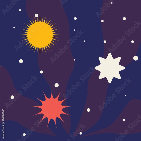 Fototapeta Abstract stars. Night starry sky. Galactic starlight. Astronomy exploration. Sun and planets. Dark cosmos with comets and asteroids. Space doodle background. Vector universe illustration