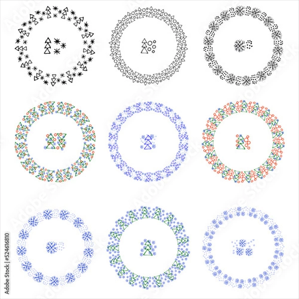 Fototapeta set of winter patterned brushes, separators, on a white background, vector,hand drawing For greetings, cards, invitations, printing and your decor