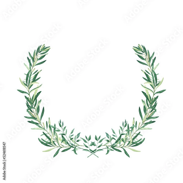 Fototapeta Watercolor olive wreath with pistachio branches. Isolated on white background. Hand drawn botanical illustration of sports achievements, awards and success. Can be used for emblem and logos design.