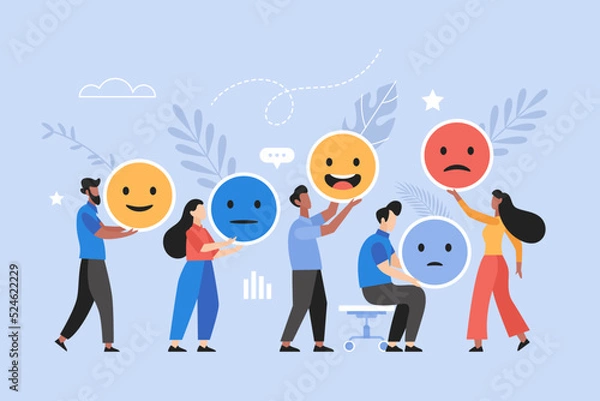 Fototapeta Customer feedback, user experience or client review rating business concept. Modern vector illustration of people holding emoji and smiley icons