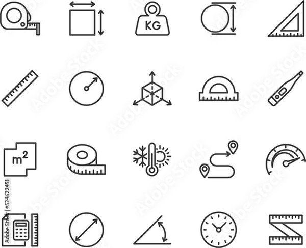 Obraz Vector set of measuring line icons. Contains icons area, measuring tape, radius, diameter, axis, weight, speed, temperature and more. Pixel perfect.