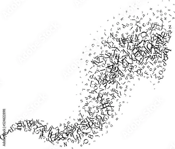Obraz Curve line from flying letters. Vector decoration from scattered elements. Monochrome isolated silhouette. Conceptual illustration.