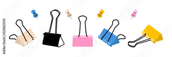 Obraz Paper clips and pushpins set. Colored pins and clips for documents. Stationery. Vector illustration in a flat style, isolated on white background.