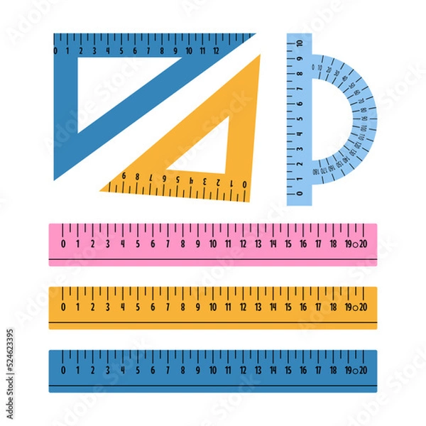 Obraz Set of plastic multicolored rulers of different lengths: 10, 15 and 20 centimeters or inches. School measuring ruler, triangle, protractor. Vector illustration in a flat style.