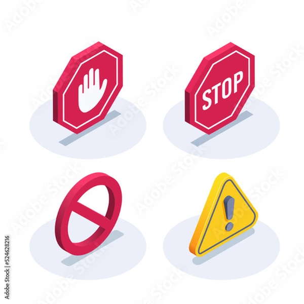 Fototapeta isometric vector illustration on a white background, a set of prohibition icons in the form of road signs, triangular and round shapes and octagonal
