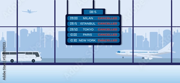 Fototapeta Timeline of flight times on the big screen at the airport. Overseas travels. Infographic, information systems concept. stock illustration