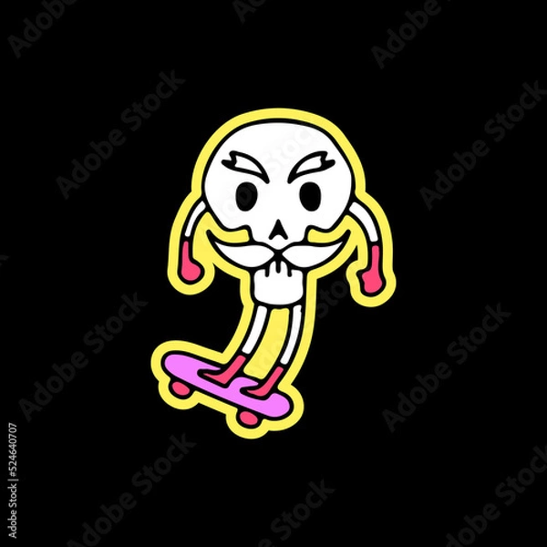 Fototapeta Funny skull with mustache riding skateboard, illustration for t-shirt, sticker, or apparel merchandise. With doodle, retro, and cartoon style.