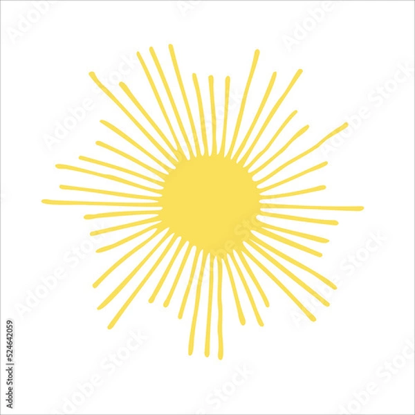 Obraz Yellow sun icon with rays on a white background. A vector image drawn by hand. Logo, template, icon, clipart, sketch. Design of a postcard, banner.
