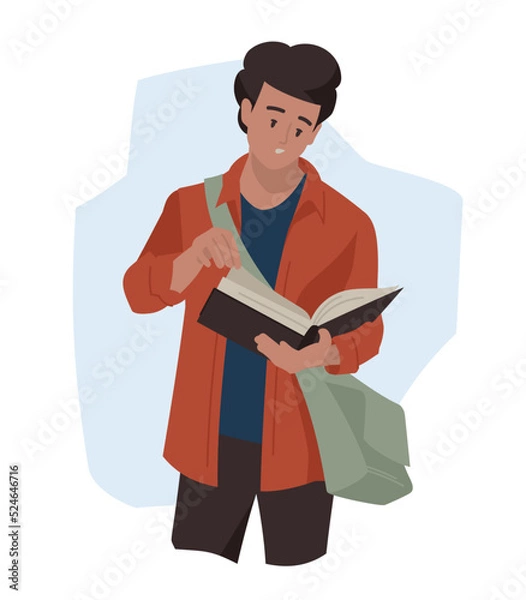 Obraz Students, schoolchildren, teenagers. The guy is reading a book. Vector image.