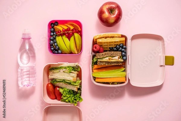 Fototapeta Healthy lunch to go. Sandwitches, Fruits and vegetables packed in lunch box