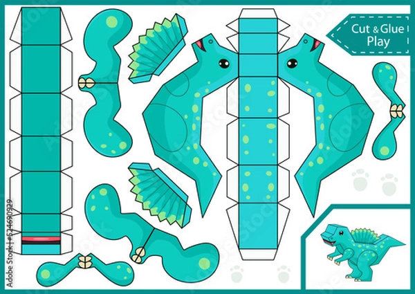 Fototapeta Kids craft template. Cut and glue a paper 3d dinosaur. DIY papercraft toys. Activity worksheet for children. Vector printable education game. Birthday decor. Vector illustration.