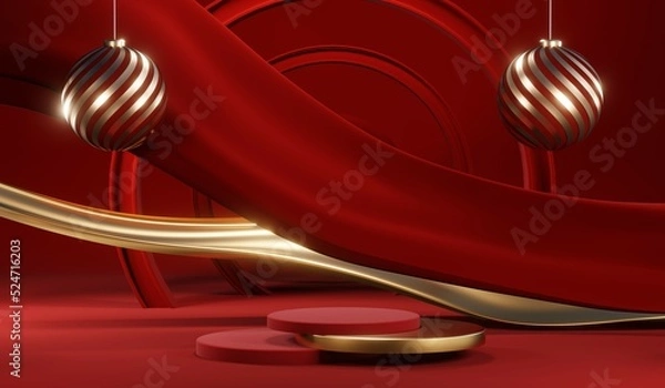 Fototapeta 3D rendering of blank product background for cream cosmetics Modern red podium background