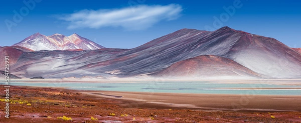 Fototapeta Panorama of a colorful mountain landscape with volcanoes and the salt lake 'Laguna de Talar' in the Andes in the north of Chile 