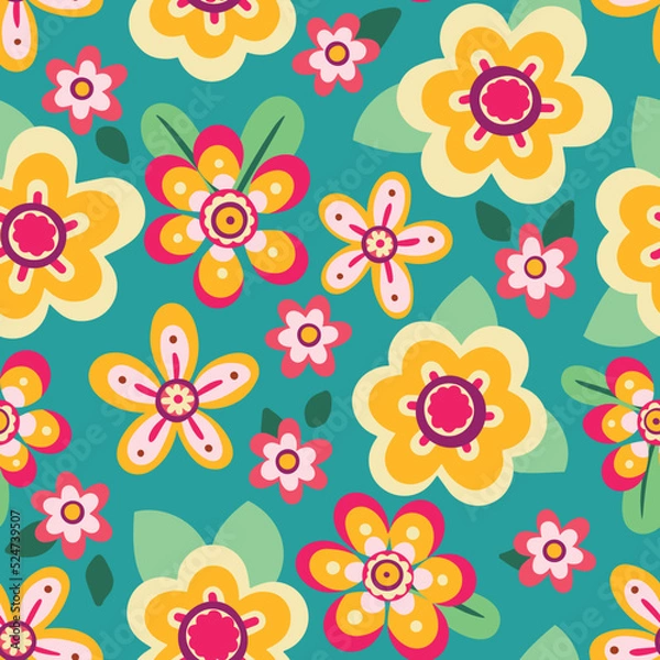 Fototapeta Seamless floral pattern with decorative flowers in retro style. Cute ditsy print, hippie botanical background with summer meadow, small flowers, leaves on blue field. Vector illustration.
