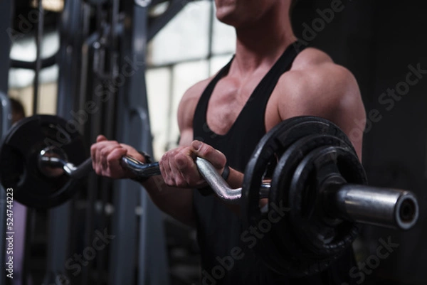 Fototapeta Cropped shot of a muscular bodybuilder training with ez curl bar