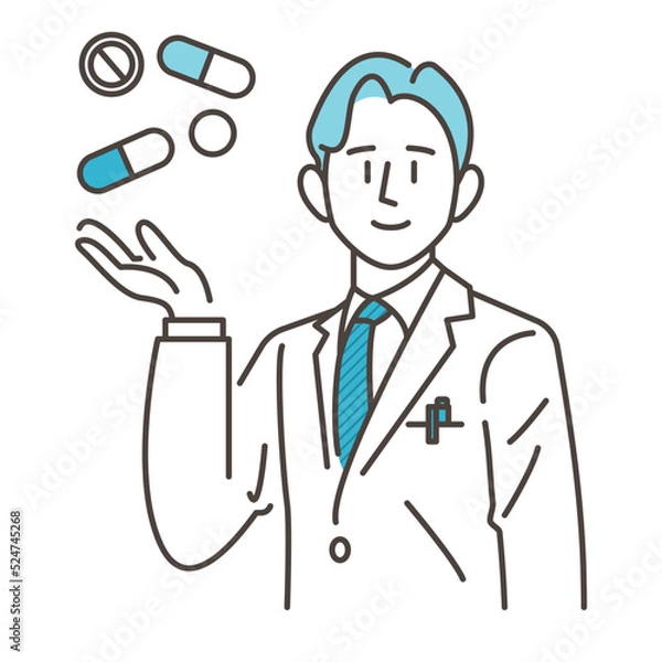 Fototapeta Vector illustration of a male pharmacist in a white coat smiling as he guides a pharmaceutical product onto his palm.