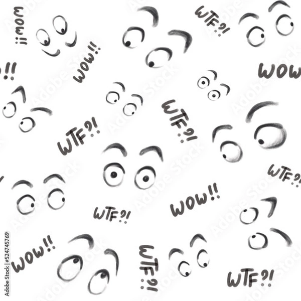 Fototapeta Seamless pattern of caricature characters eyes different emotions. Trendy cartoon caricature eyes pictures set.  Expression and communication concept without words.