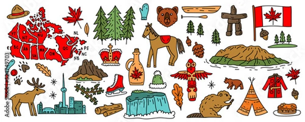 Fototapeta Canada vector travel symbols set. Collection of national canadian icons. Set of design elements in a flat style. Tourism. Vector concept for greeting cards, banners and posters.