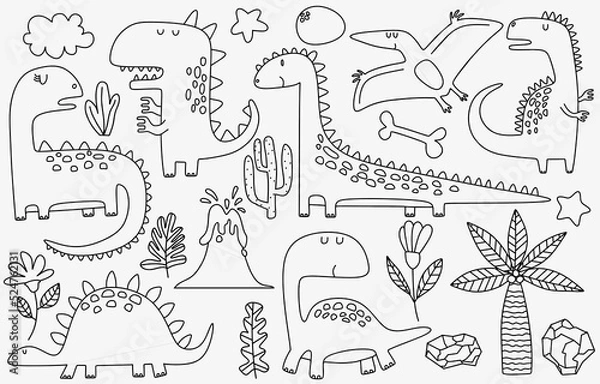 Fototapeta doodle of Cute dinosaurs and tropic plants.  Funny cartoon dino set. Hand drawn vector doodle set for kids