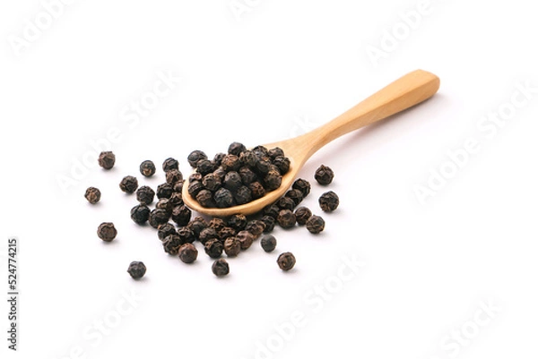 Fototapeta Black pepper corn in wooden spoon isolated on white background.