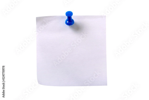 Fototapeta Plain white one single square sticky post it note with blue pushpin isolated transparent background photo PNG file