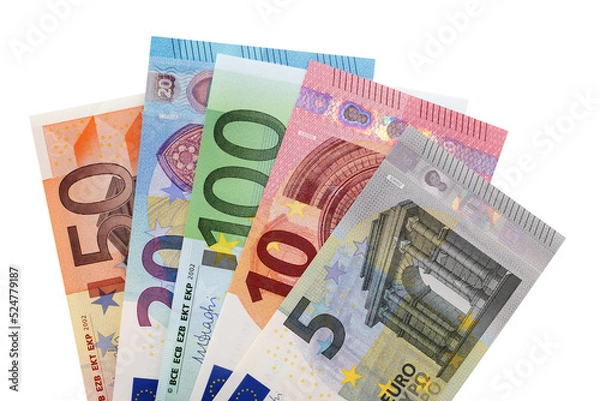 Fototapeta Various Euro currency bills notes fan shape isolated transparent background photo PNG file