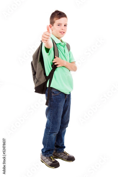 Fototapeta Full length portrait of a school boy with thumb up gesture, isol