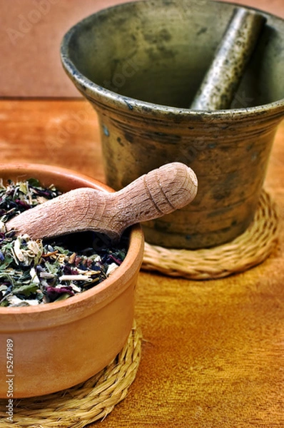Fototapeta Mortar with bowl with herbs