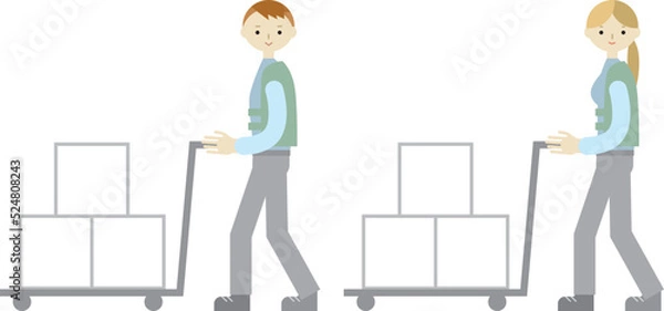 Obraz 台車で荷物を運ぶ男女のイラスト