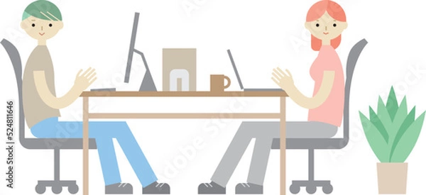 Obraz オフィスでパソコン作業をする男女のイラスト