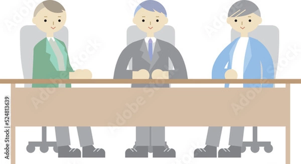 Obraz 机に着席する3人の男性面接官のイラスト