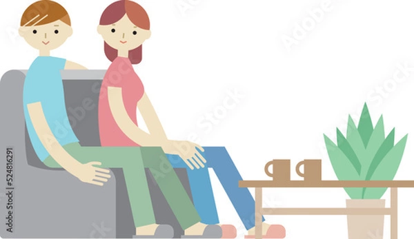 Obraz リビングのソファーでくつろぐ男女のイラスト