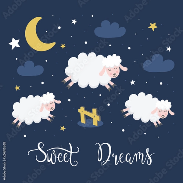 Fototapeta Cute greeting card with lambs or sheep jumping over the fence. Insomnia concept, counting sheep. Vector flat illustration.