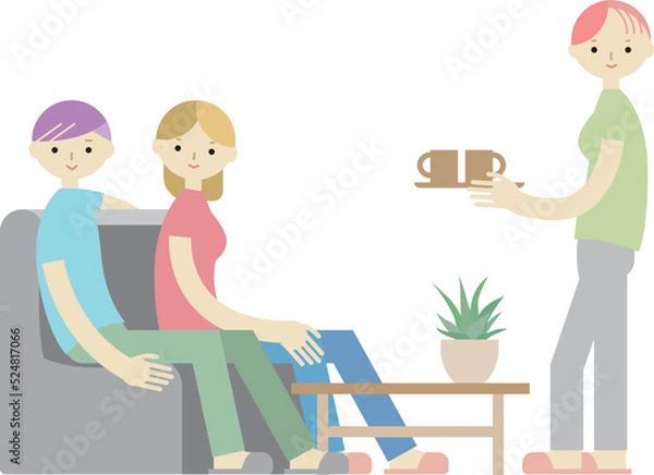 Obraz ソファーに座る男女とコーヒーを運ぶ女性のイラスト