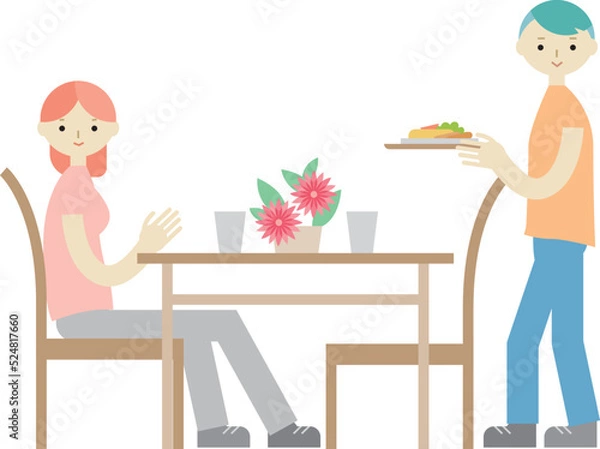 Obraz 料理を運ぶ男性とテーブルに座る女性のイラスト
