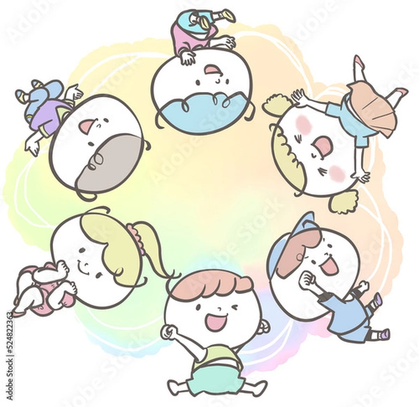 Fototapeta 《元気ポーズのこどもシリーズ》円になって楽しくダンスするようにはしゃぐ子どもたち　バストアップバージョン2