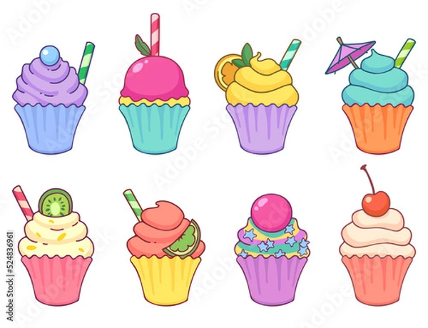 Obraz Vector set of cute holiday cupcakes in cartoon style isolated on white background