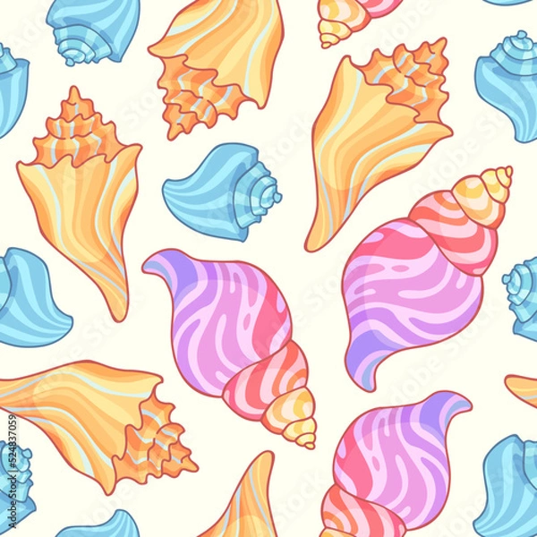 Fototapeta Vector bright colorful pattern of seashells in cartoon style