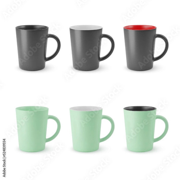 Fototapeta Illustration of Six Realistic Ceramic Coffee Cup or Tea Mug on a White Backdrop. Isolated Mockup with Shadow Effect, and Copy Space for Your Design