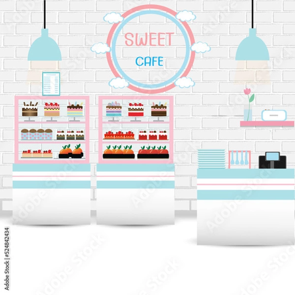 Fototapeta Interior background with modern bakery shop display counter,vector,illustration