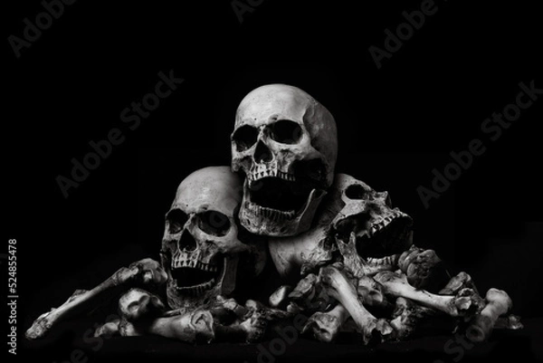 Fototapeta Awesome pile of skull human and bone on wooden, black cloth background, concept of scary crime scene of horror or thriller movies,Halloween theme, Still Life style, selective focus,