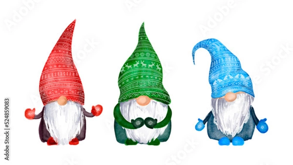 Fototapeta Watercolor christmas gnomes family in hats with scandinavian ornament. Set of nordic magic dwarfs