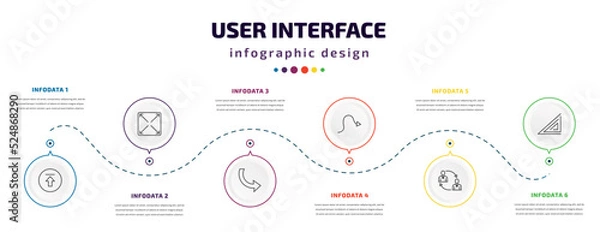 Fototapeta user interface infographic element with icons and 6 step or option. user interface icons such as upload button, expand button, curve arrows, sketched arrow, job transition, triangular vector. can be