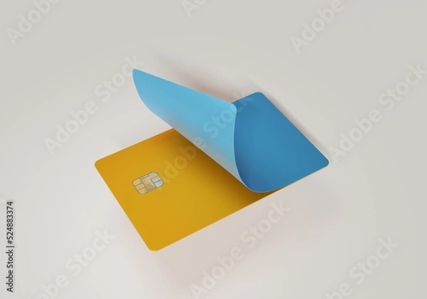 Fototapeta Yellow and blue layer. A creative illustration to display the services of a bank card company with a personal design. 3d rendering.
