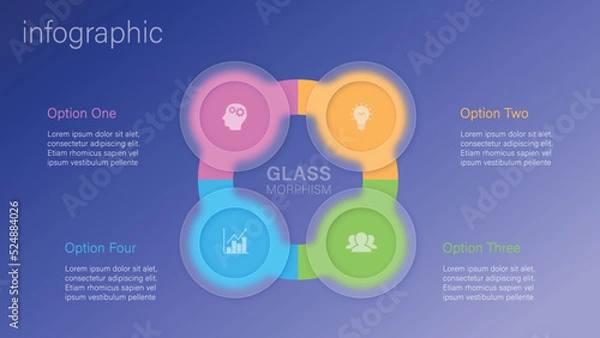 Fototapeta Infographic for 4 options, vector gradient design with realistic frosted glass, glassmorphism effect