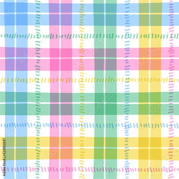 Fototapeta Pastel Rainbow Cute Line Stripe Striped Plaid Checkered Scott Tartan Gingham Bright Color Colorful Summer Cartoon Vector Seamless Pattern Textile Fabric Print Background