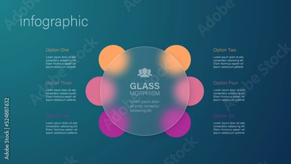 Fototapeta Infographic for 6 options, vector gradient design with realistic frosted glass, glassmorphism effect