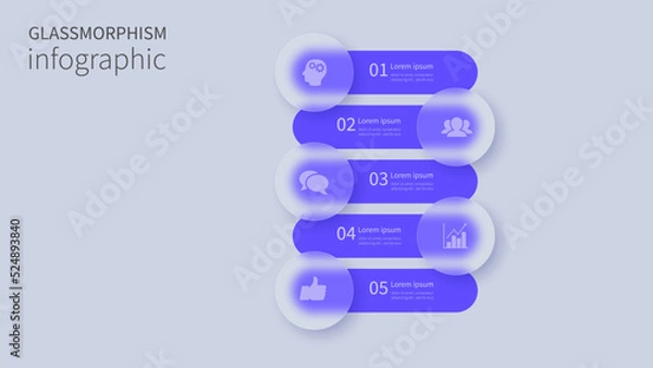 Fototapeta Infographic for 5 options, vector gradient design with realistic frosted glass, glassmorphism effect