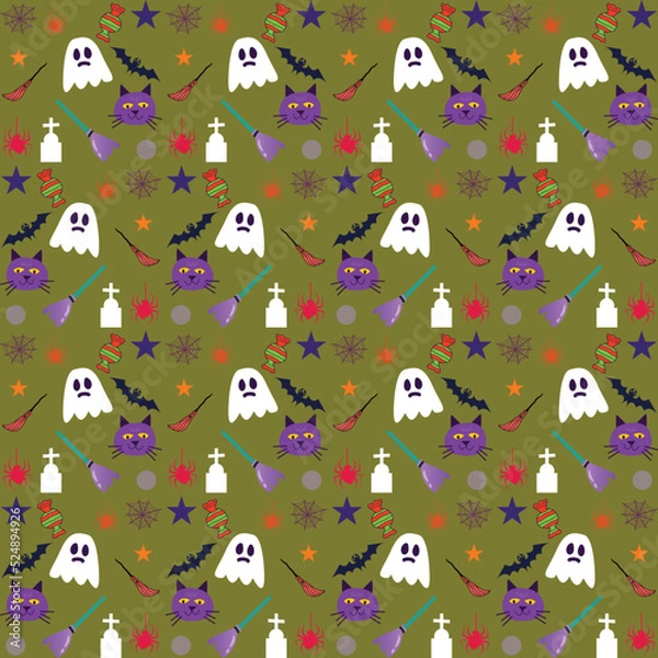 Fototapeta Vector Halloween seamless pattern with ghost and pumpkin,Cartoon Halloween seamless pattern