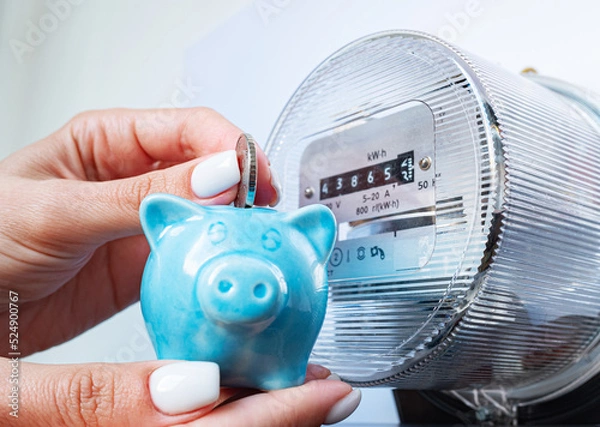 Fototapeta Coin and piggy bank in woman's hands near electricity meter. Symbolic image of energy costs and electricity prices, saving the household budget on paying utility bills.